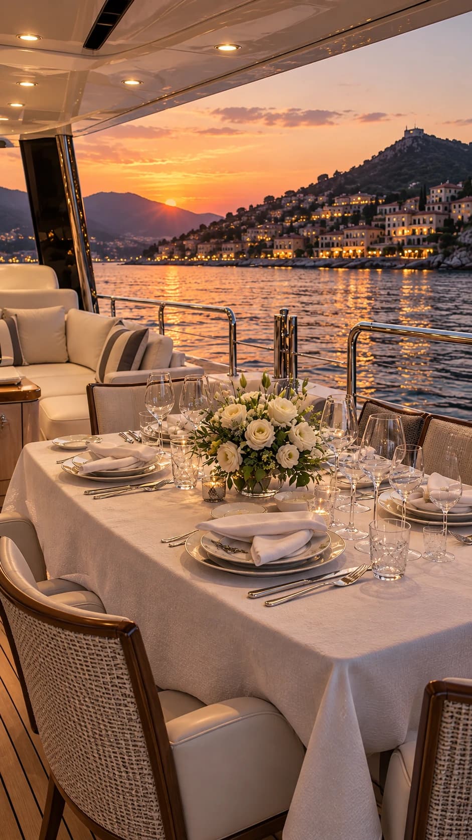 An elegantly prepared dining table on a yacht overlooking a Mediterranean harbour at sunset