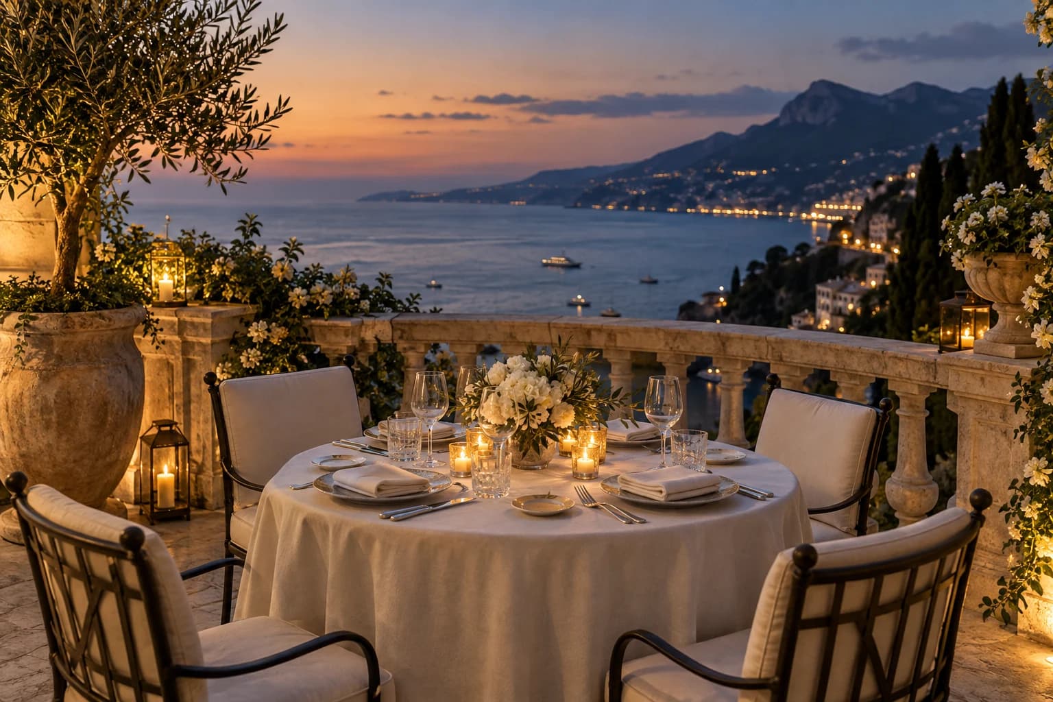 A candlelit dinner table on a Mediterranean terrace overlooking the sea at dusk