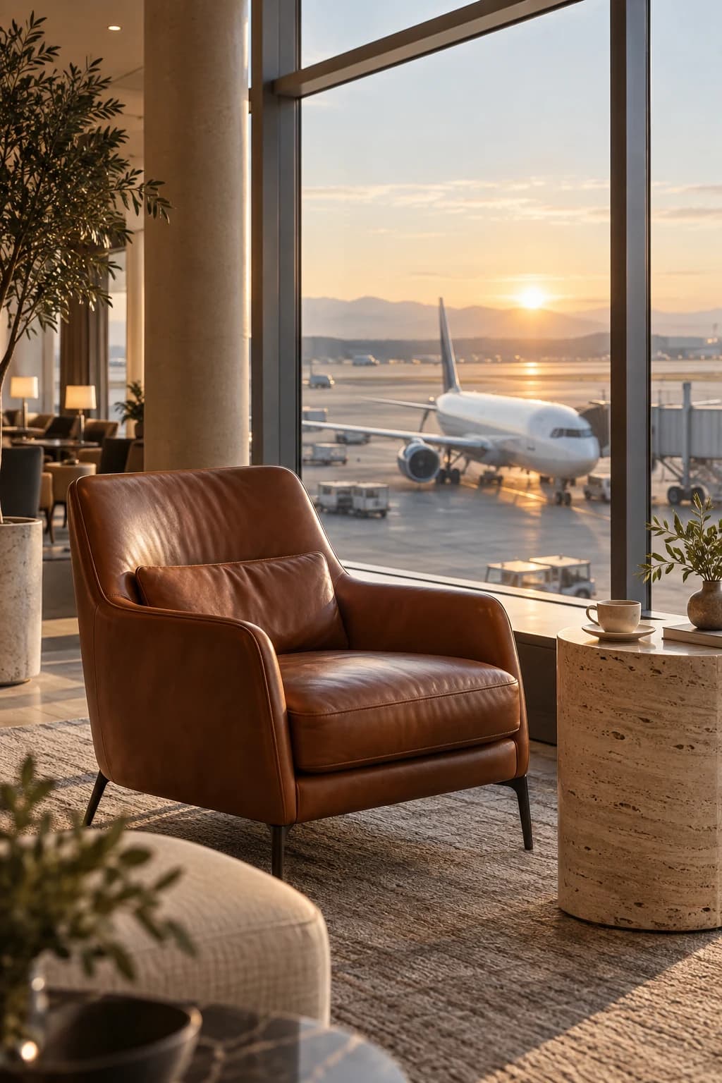A leather lounge chair beside an airport window overlooking an aircraft at sunrise